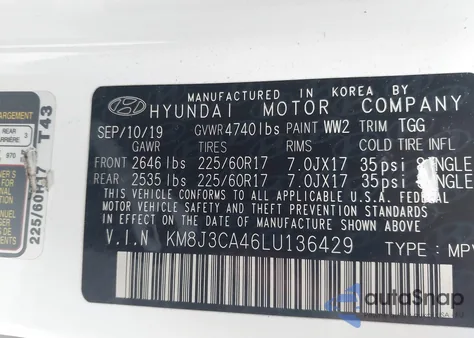 2020 Hyundai Tucson Value из США, поврежденный, VIN KM8J3CA46LU136429